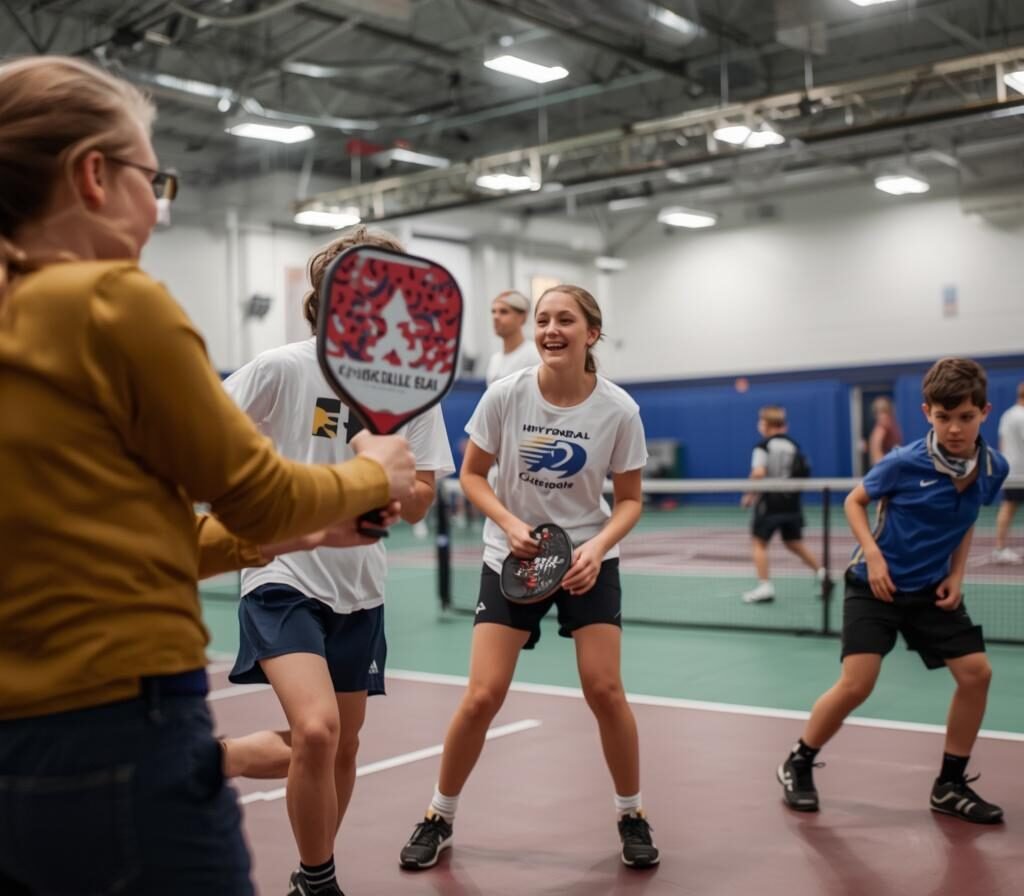 indoor pickleball facility, teenagers and kids playing, 1024 x 1024