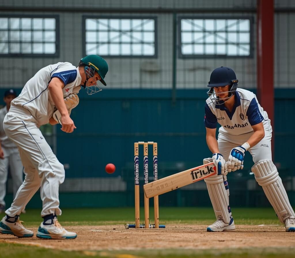 teenagers playing cricket in proper cricket dress and helmet in an indoor sports club, one kids balling another one ready to bat